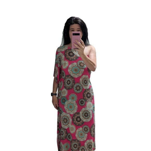 NWOT Entro Women's One Shoulder Maxi Dress Pink Mandala with Slit Size Small - Picture 10 of 11